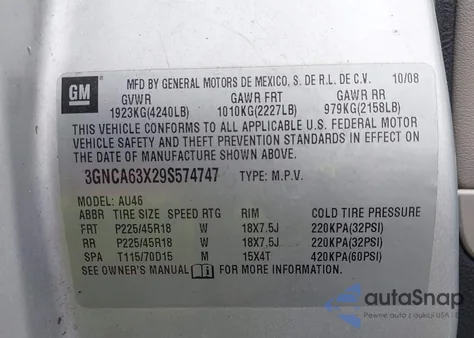 2009 Chevrolet Hhr Ss from USA, damaged, VIN 3GNCA63X29S574747
